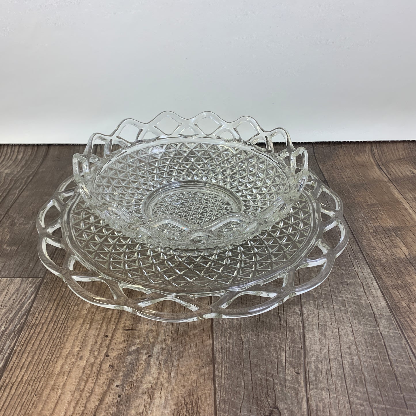Vintage Laced Edge Depression Glass Bowl and Plate Katy Blue