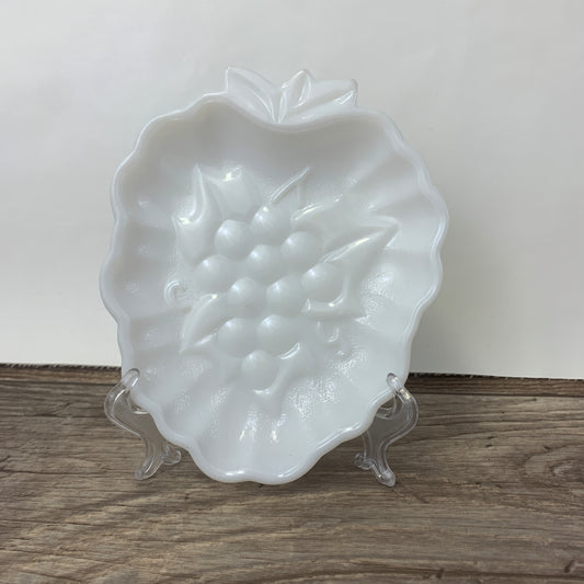 Vintage Milk Glass Grape Leaf Dish, Vintage Farmhouse Decor