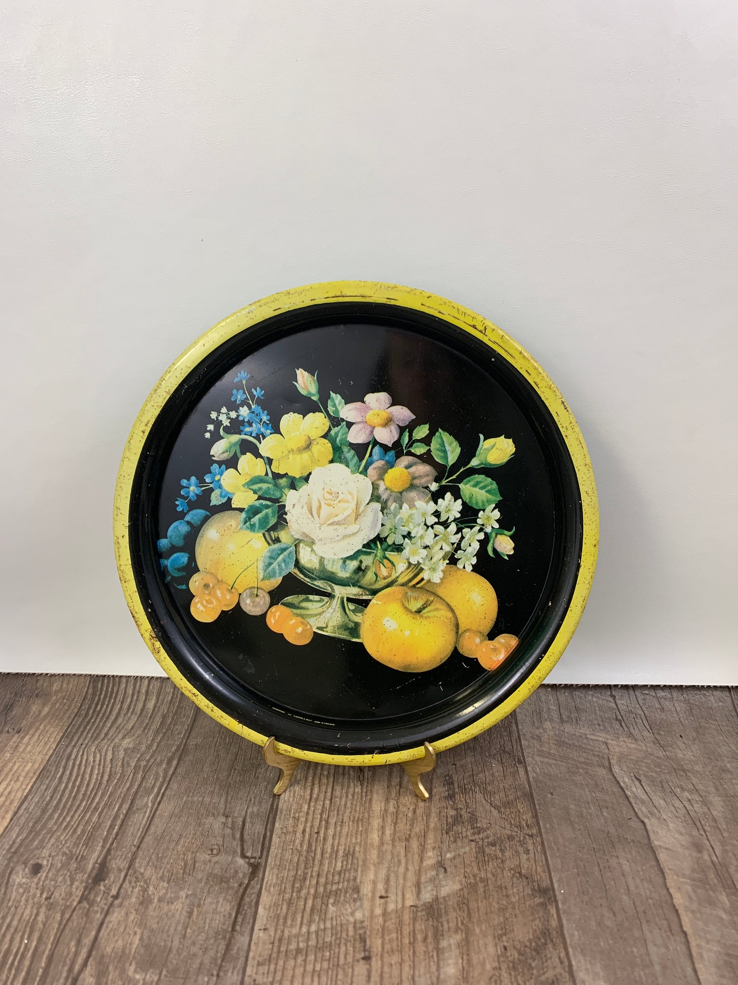 Vintage Round Tray with Floral Pattern Black and Yellow Tray Vintage Farmhouse Decor