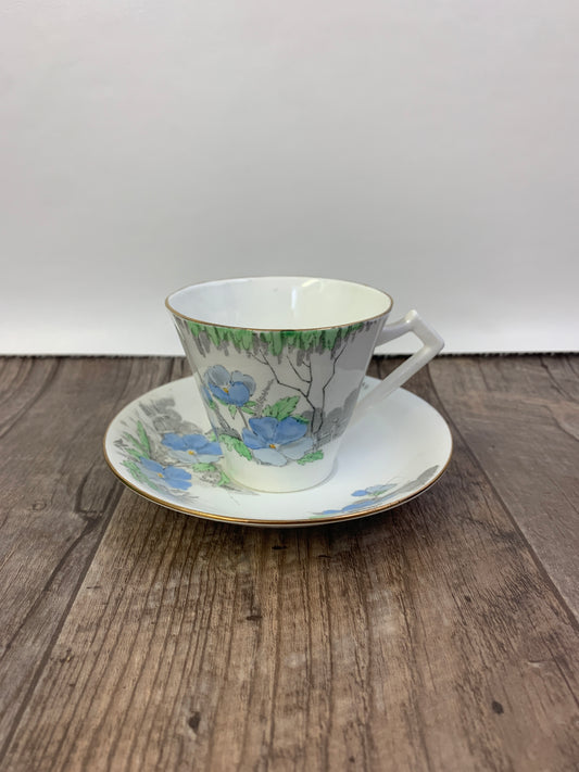 Vintage Teacup with Hand Painted Blue Green and Grey Garden Scene Royal York Fine Bone China