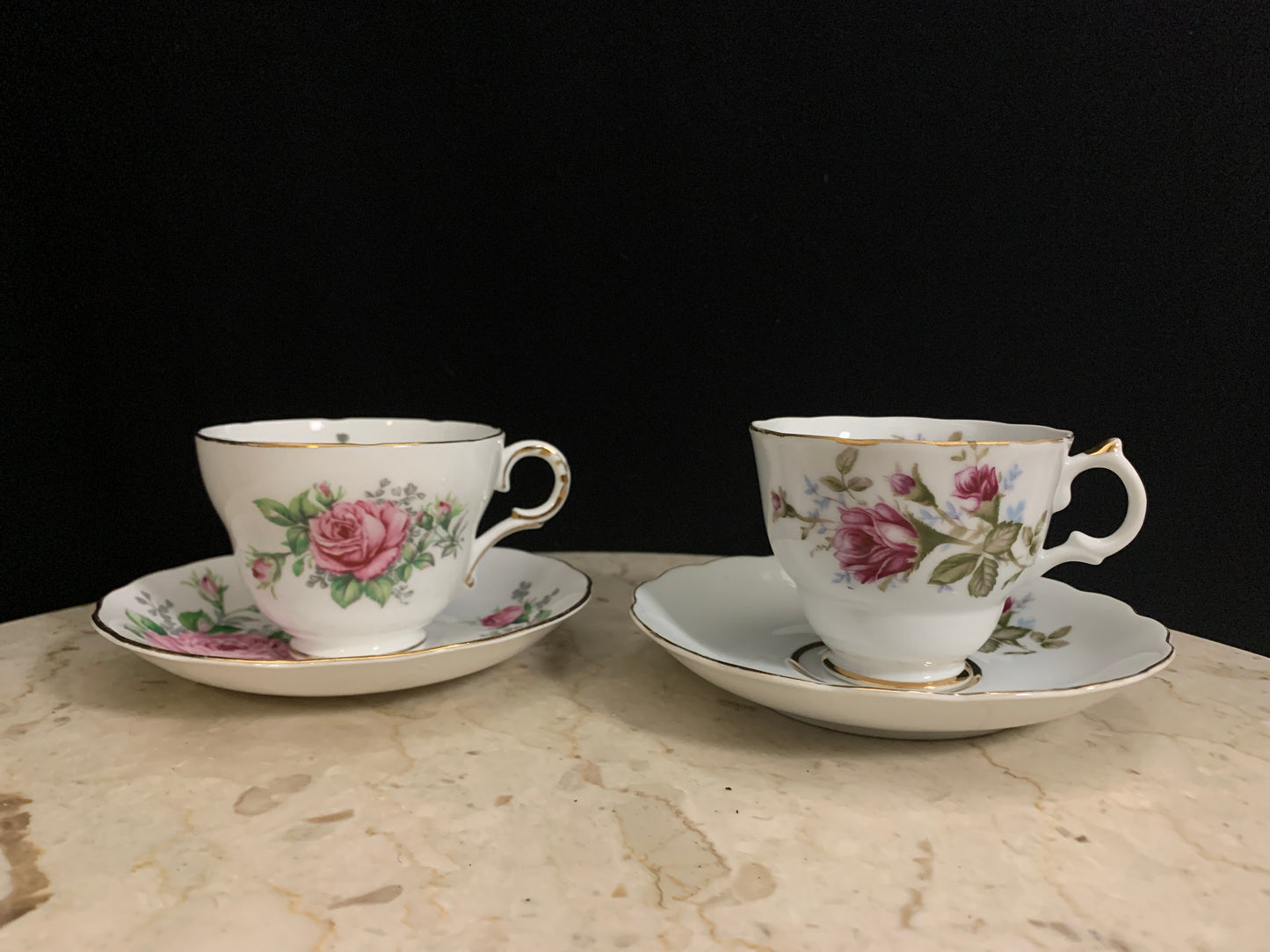 Pair of Mismatched Pink Floral Teacups Tea for Two Teacups with Pink Roses