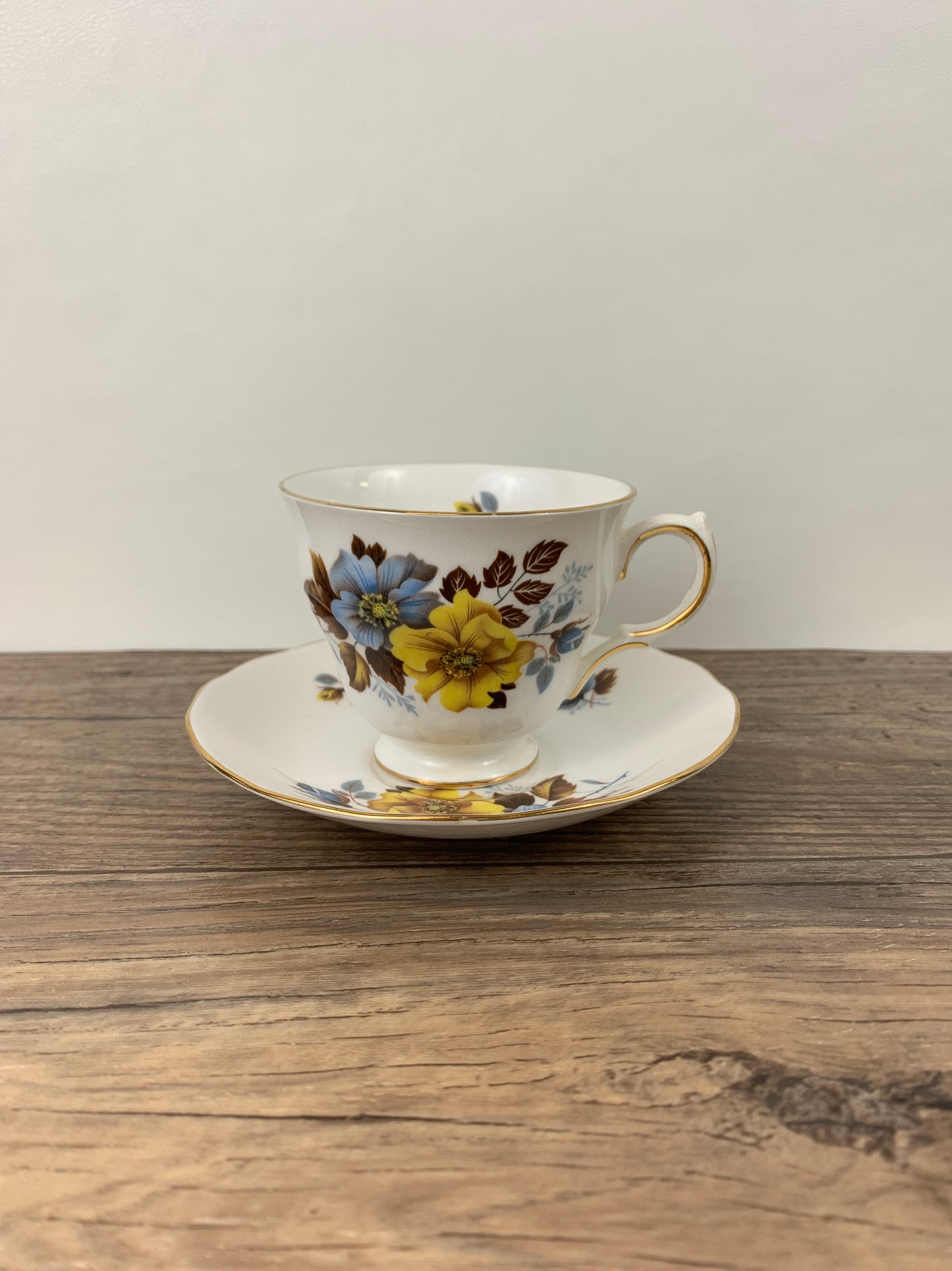 Vintage Floral Teacup Yellow and Blue Pattern Royal Vale Vintage English Tea Cup