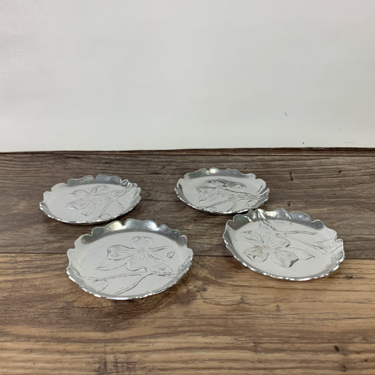 Set of 4 Aluminum Coasters with Raised Floral Pattern, Forged Aluminum Vintage Coasters