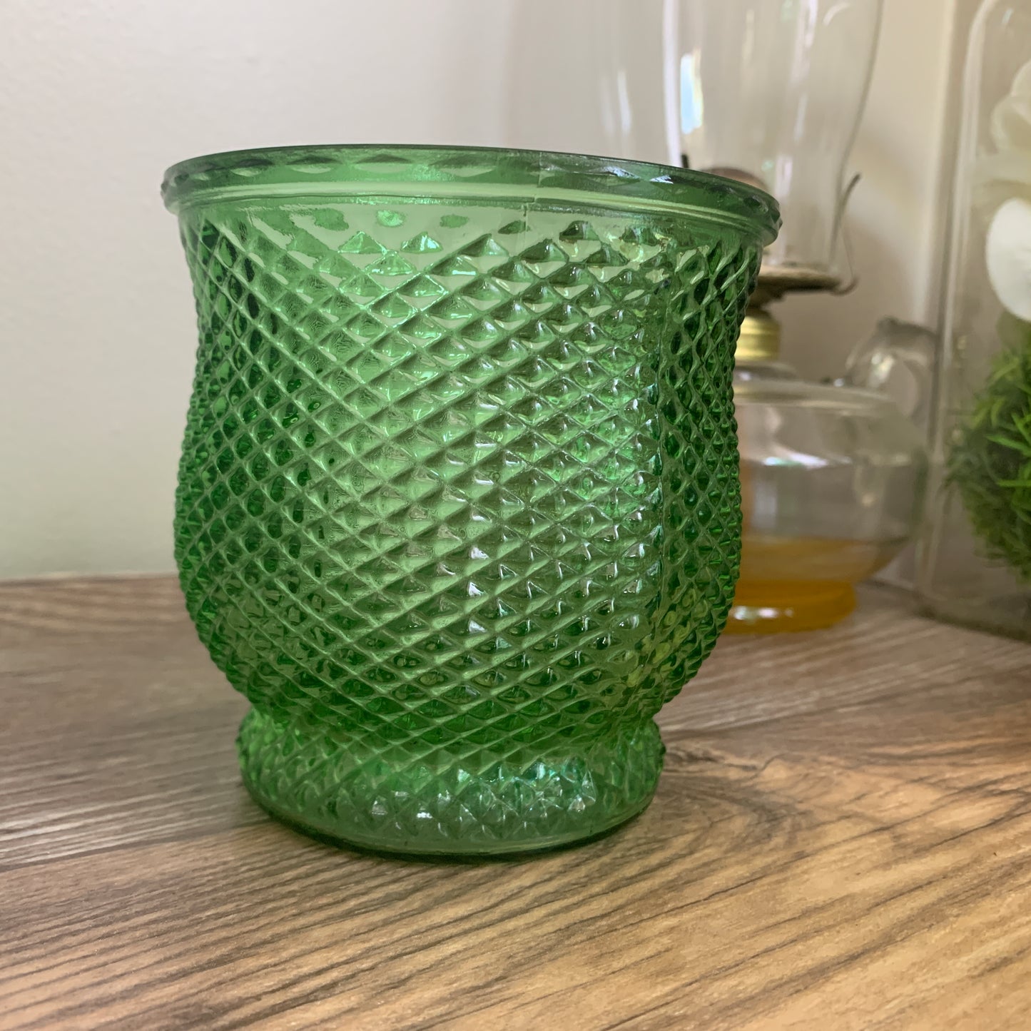 Small Green Vase with Diamond Pattern, Vintage Green Glass E O Brody Vase