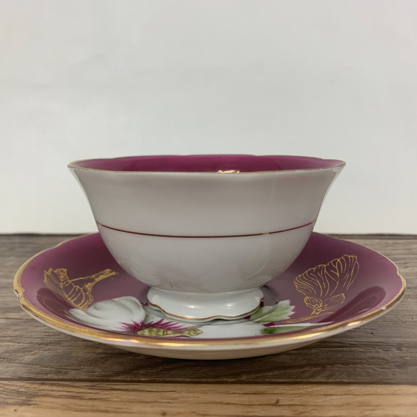 Maroon Teacup and Saucer with Hand Painted Flower Occupied Japan Teacup and Saucer