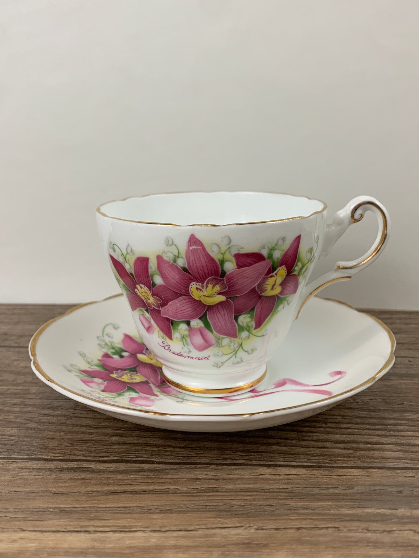 Pink Bridesmaid Pattern Teacup and Saucer with Pink Flowers