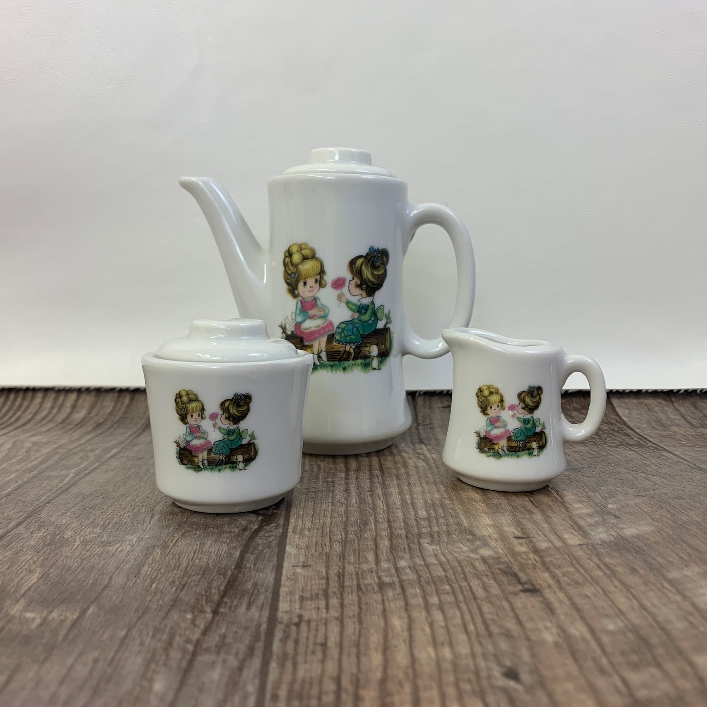 Child Size Teapot and Cream and Sugar with Two Little Girls, Mini Coffee Pot with Decal Small Ceramic Teapot Made in Japan