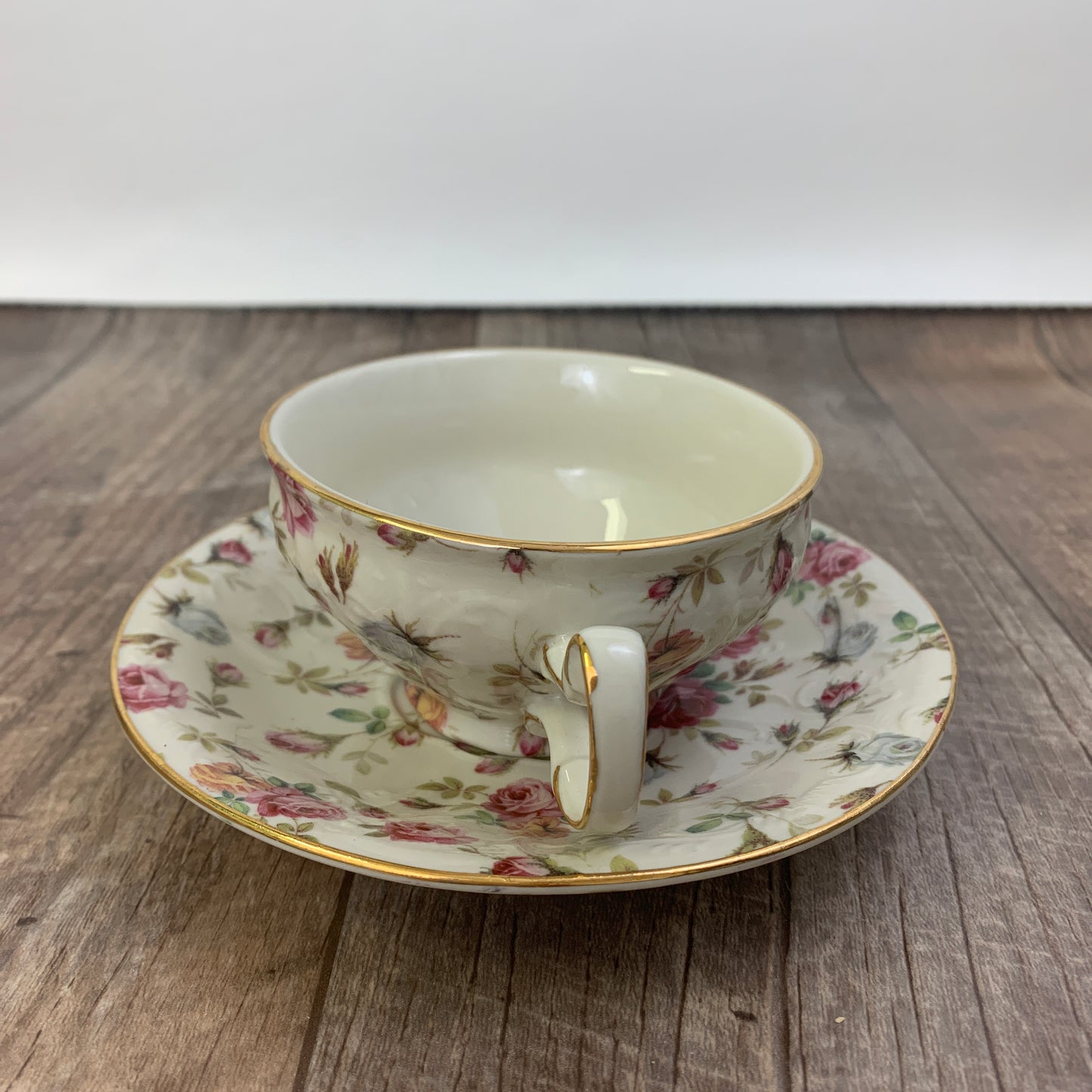 Victorian Trading Co Wide Mouth Teacup and Saucer Rose Chintz Pattern