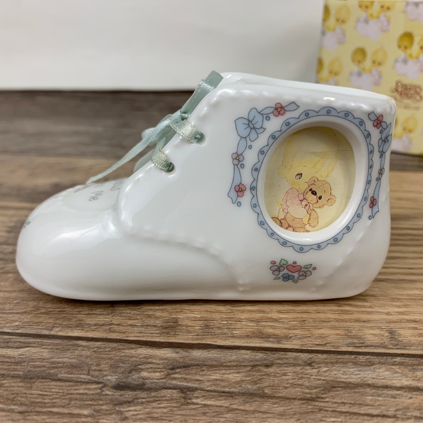 Precious Moments Baby Bootie Shaped Coin Bank, Girl with Bunny, With Original Box