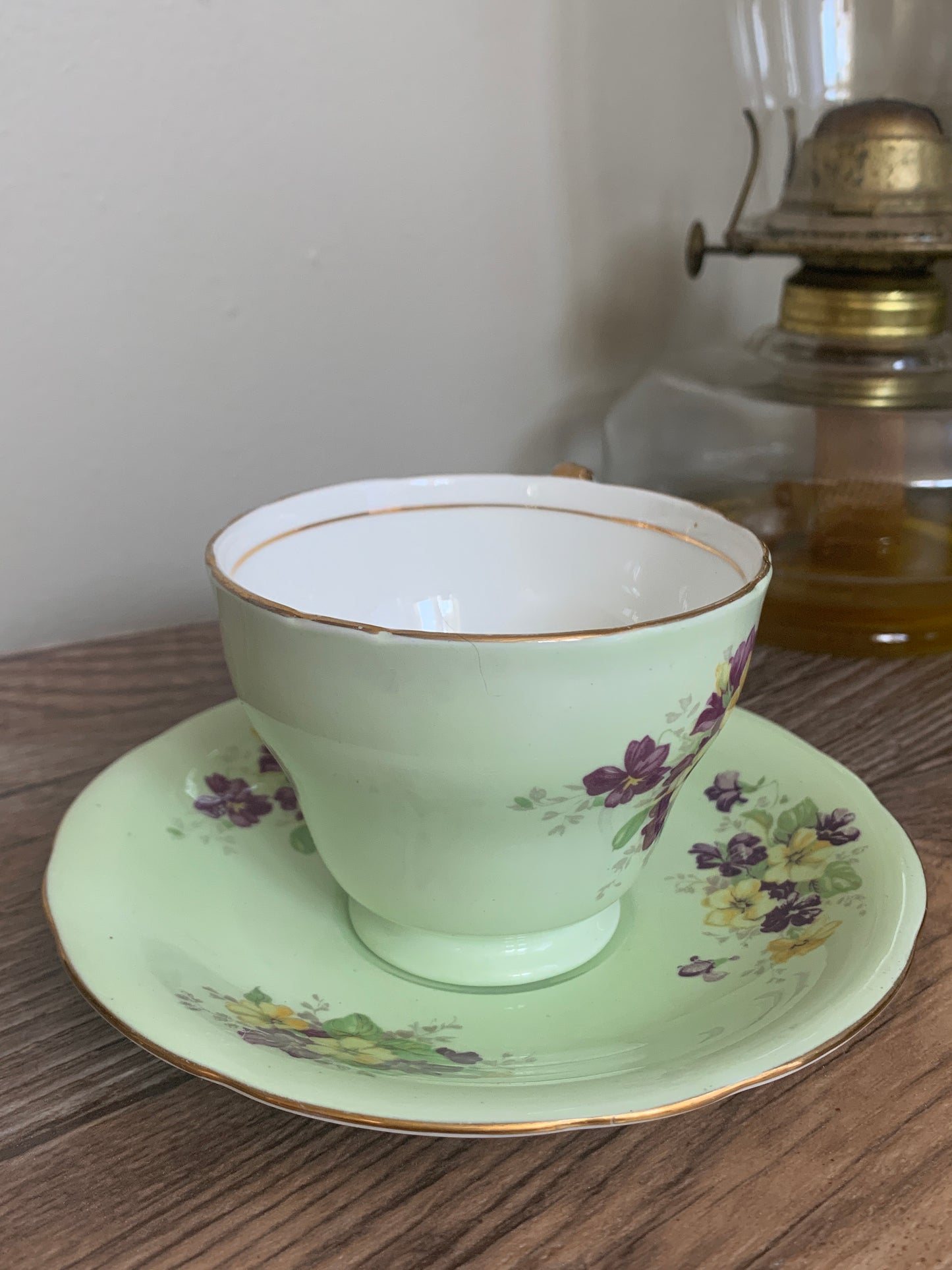 Green Vintage Teacup with Purple and Yellow Flowers Aynsley Vintage Tea Cup Mothers Day Gifts