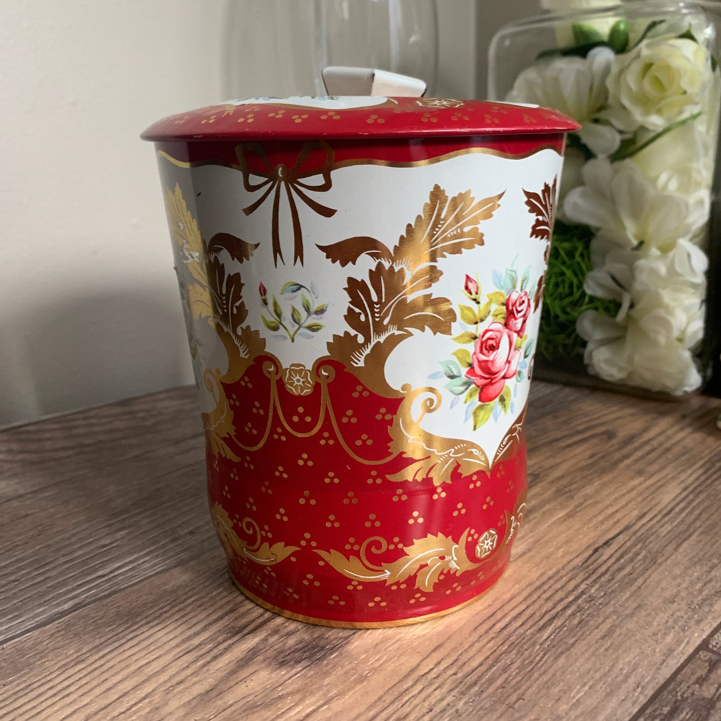 Red and White Tin with Gold Design Vintage Tin with Smooshed Lid