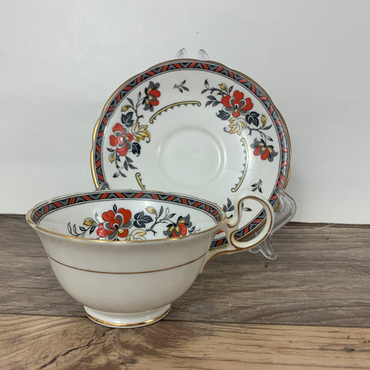 Aynsley Vintage Teacup and Saucer with Black and Orange Pattern