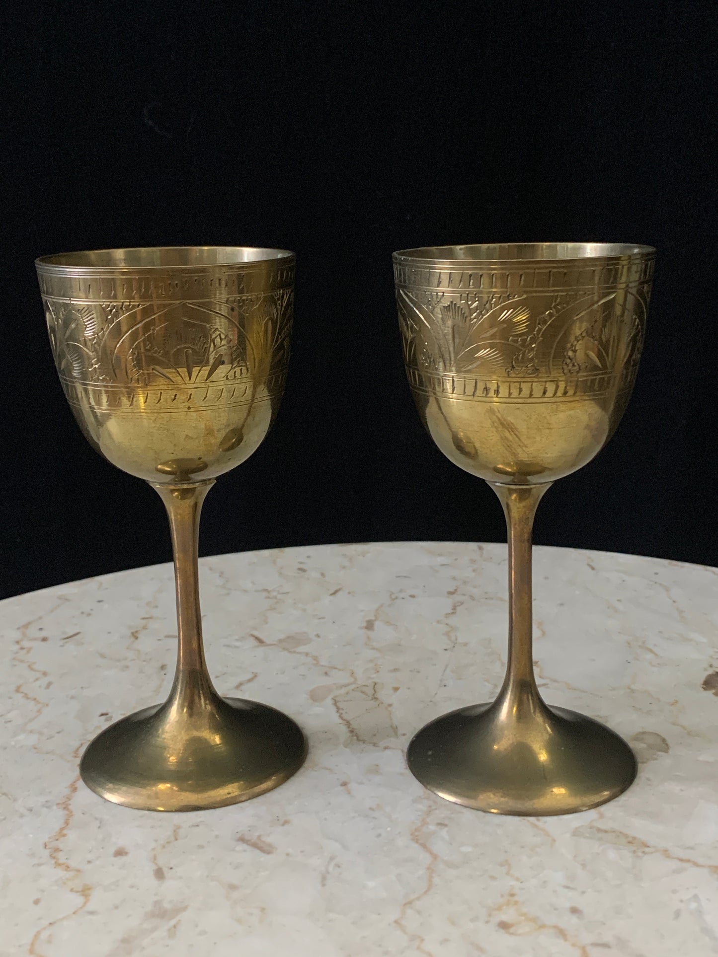 Pair of Brass Wine Goblets with Engraved Floral Design