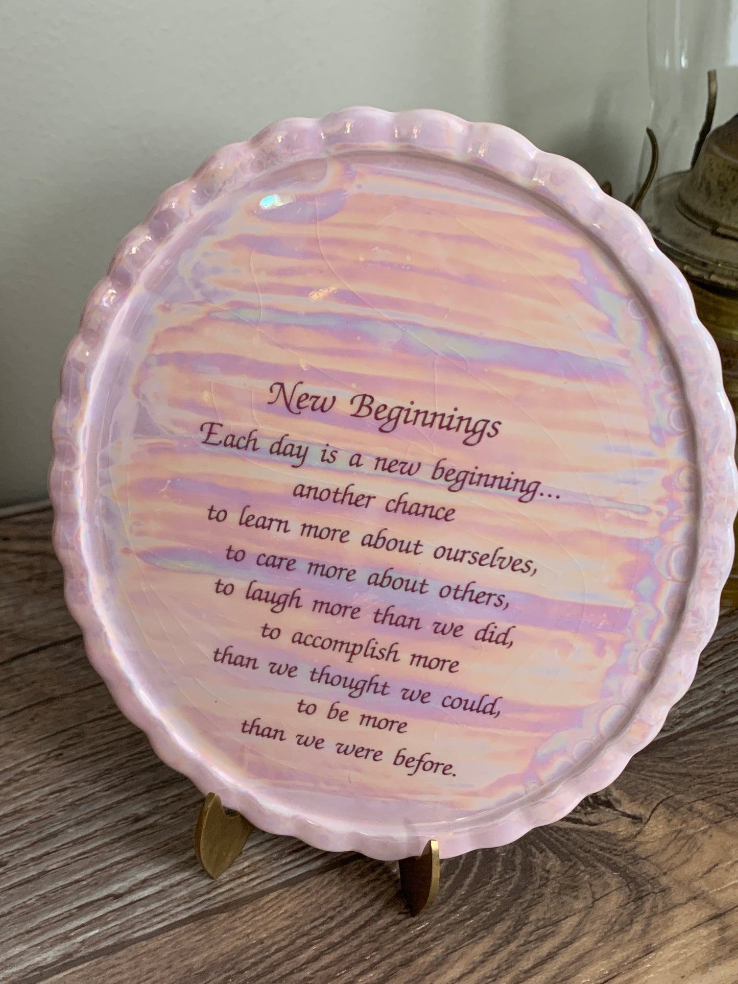 Pink Lusterware New Beginnings Plaque Vintage Home Decor Vintage Decorative Plate