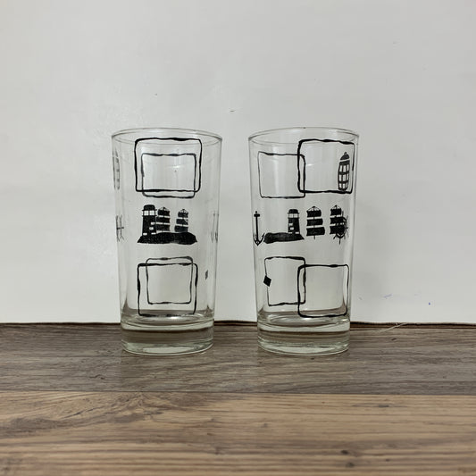 Vintage Juice Glasses with Black Nautical Design, Beach House Glasses