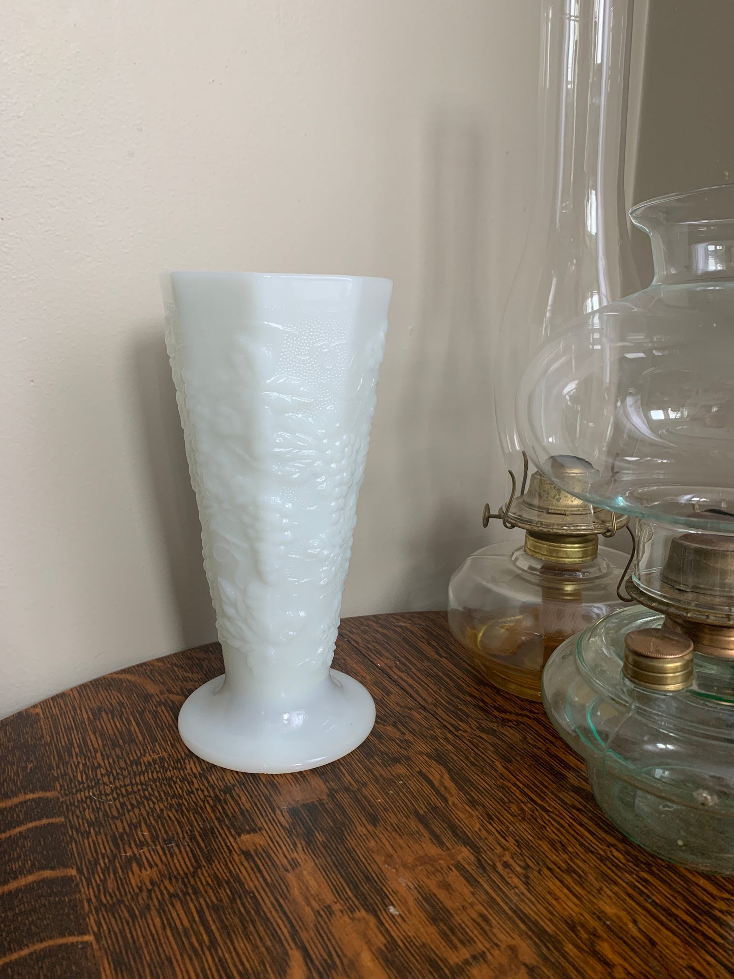 Milk Glass Vase with Raised Grape Pattern Vintage Farmhouse Milk Glass Tall Vase