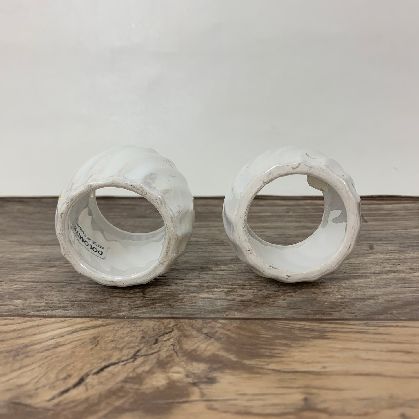 Pair of Iridescent Napkin Rings, White Lusterware Ribbed Napkin Rings