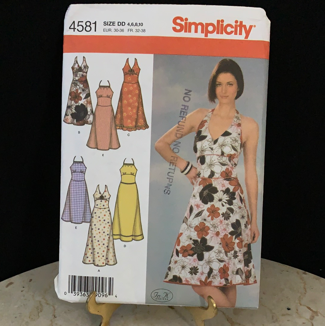 Halter Dress Sewing Pattern Simplicity 4581 Misses Dress in 2 Lengths with Bodice Variations