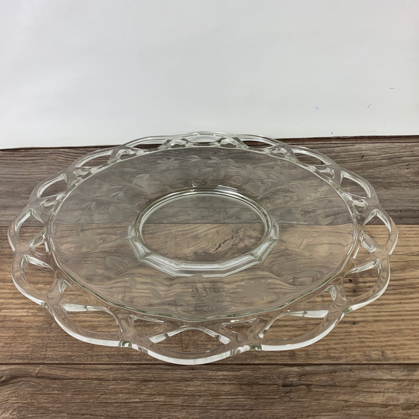 Laced Edge Glass Platter with Etched Floral Design