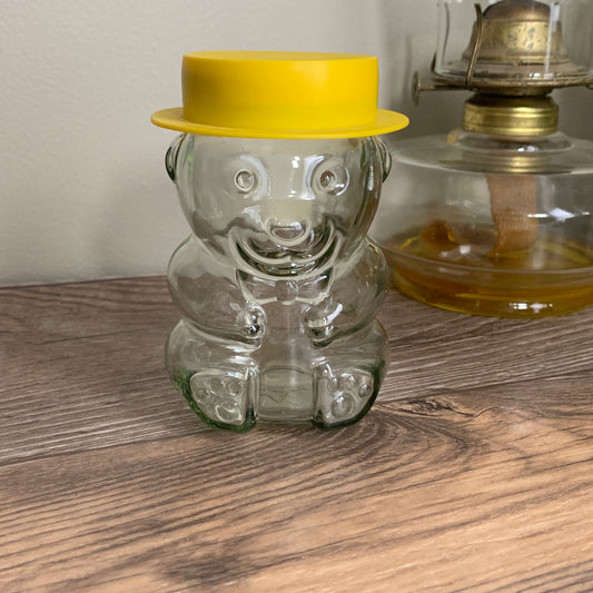 Teddy Bear with Yellow Hat Vintage Jar Peanut Butter Jar Stash Jar