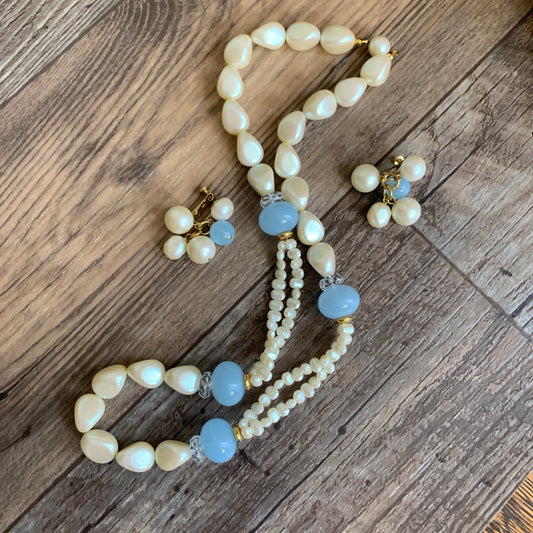 Beaded Necklace and Earring Set, Ivory and Blue Beads, Faux Pearls Screw Back Earings