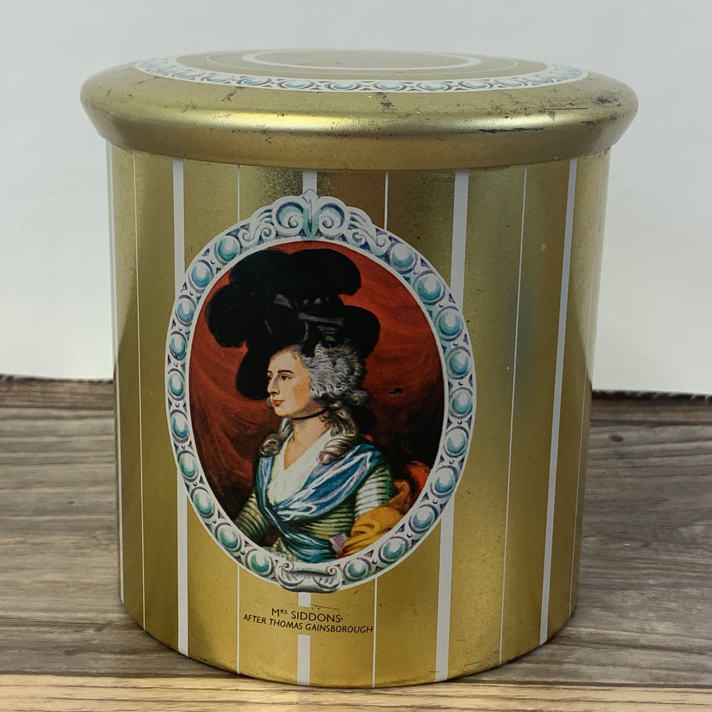 Vintage Cookie Tin Gold Tin with Victorian Ladies Vintage Home Decor Stash Jar