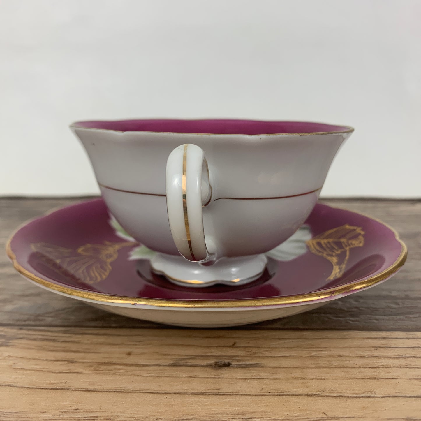 Maroon Teacup and Saucer with Hand Painted Flower Occupied Japan Teacup and Saucer
