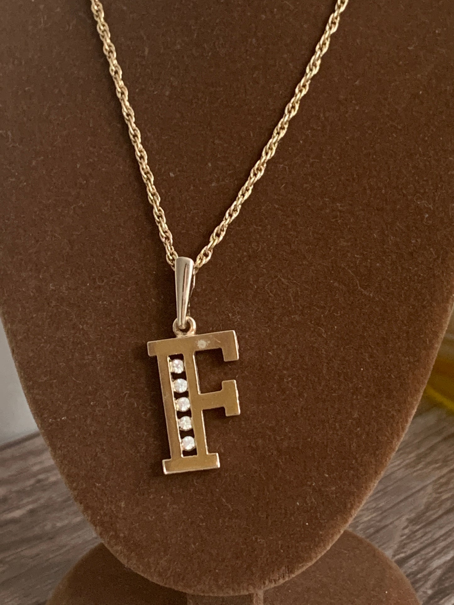Vintage Letter F Necklace Rhinestone Initial F Necklace