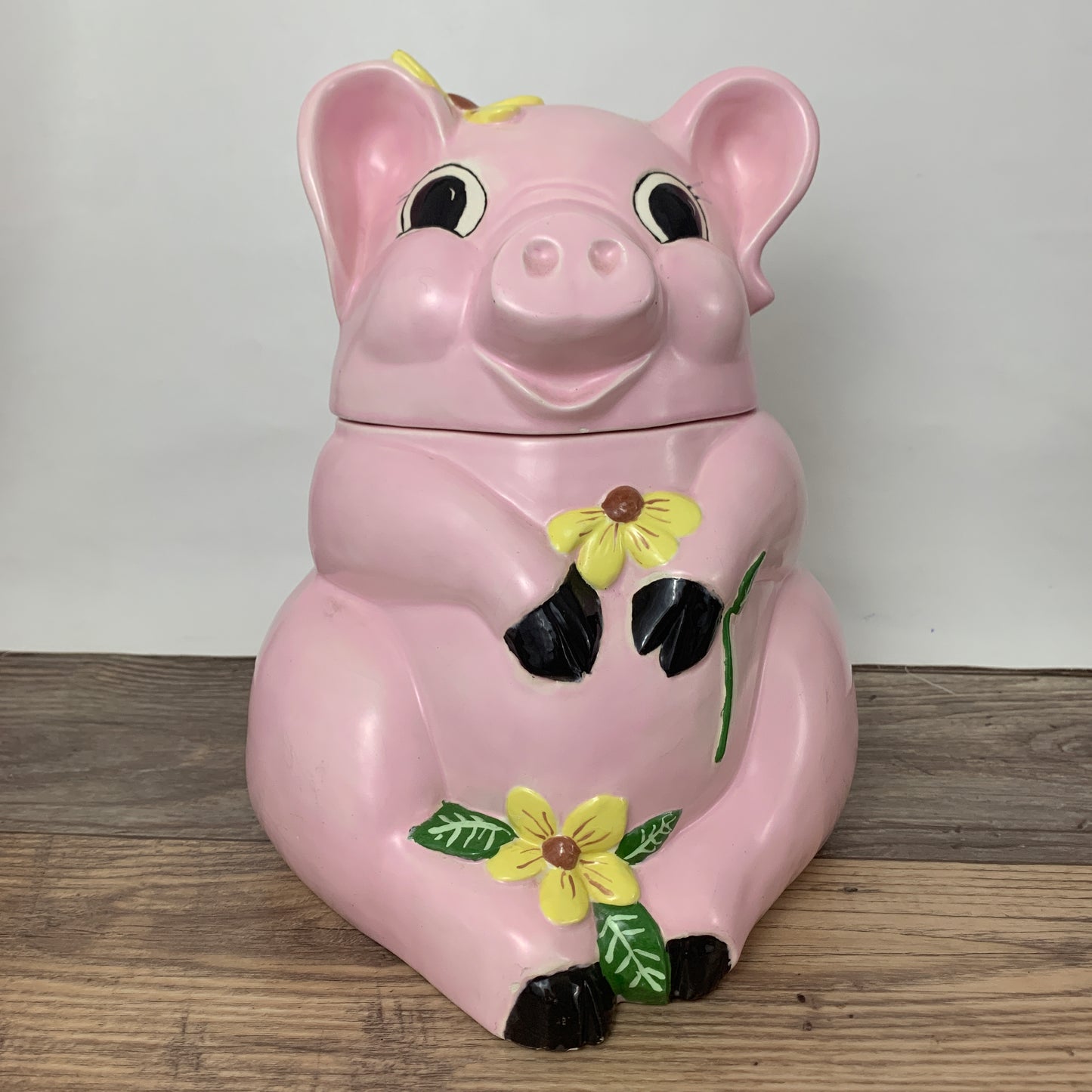 Large Ceramic Cookie Jar, Pink Pig with Flowers