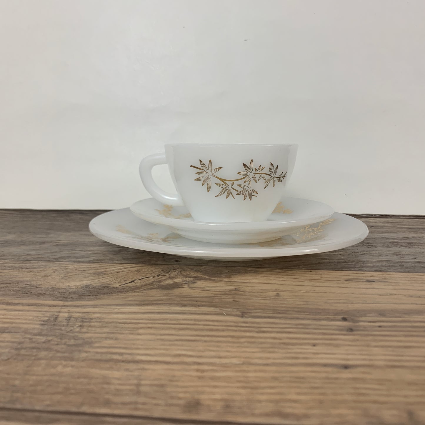 Vintage Federal Glass Golden Glory Milk Glass Teacup, Saucer, and Snack Plate, 3 piece Trio