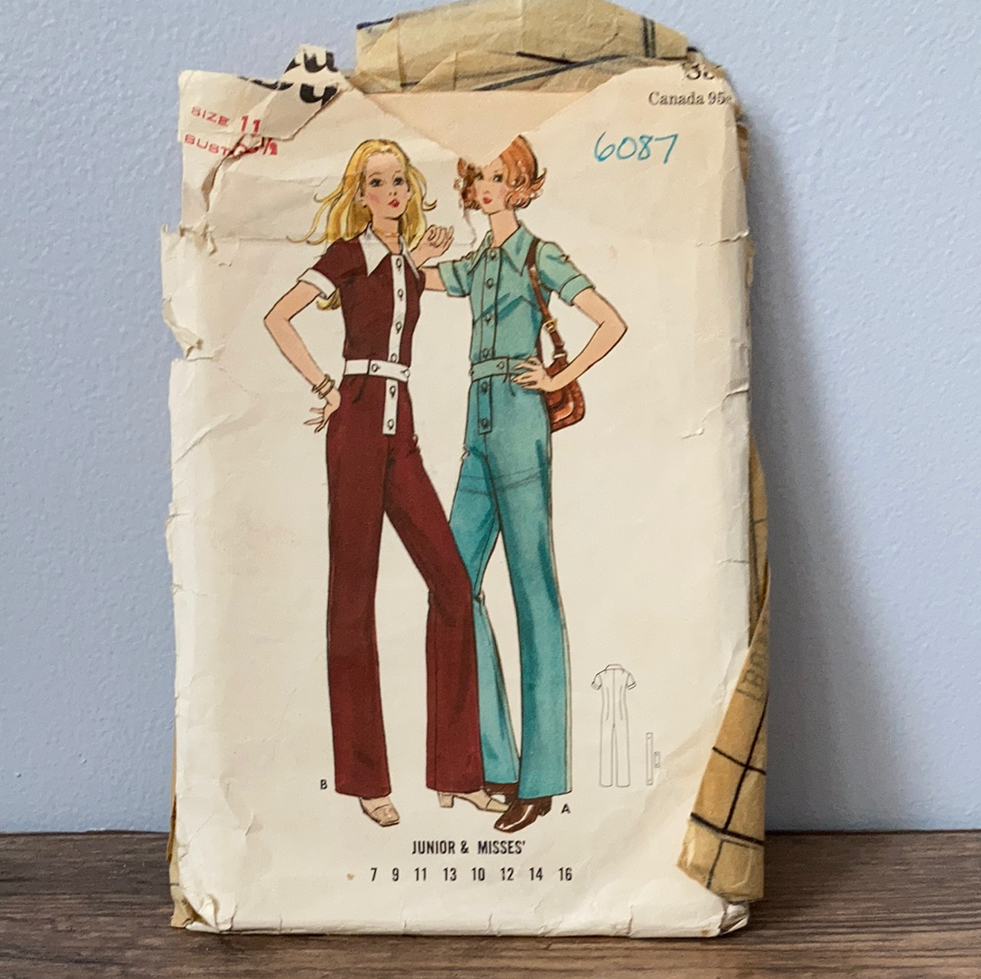 Junior and Misses Button Front Jumpsuit Vintage Sewing Pattern Size 11 Butterick 6087