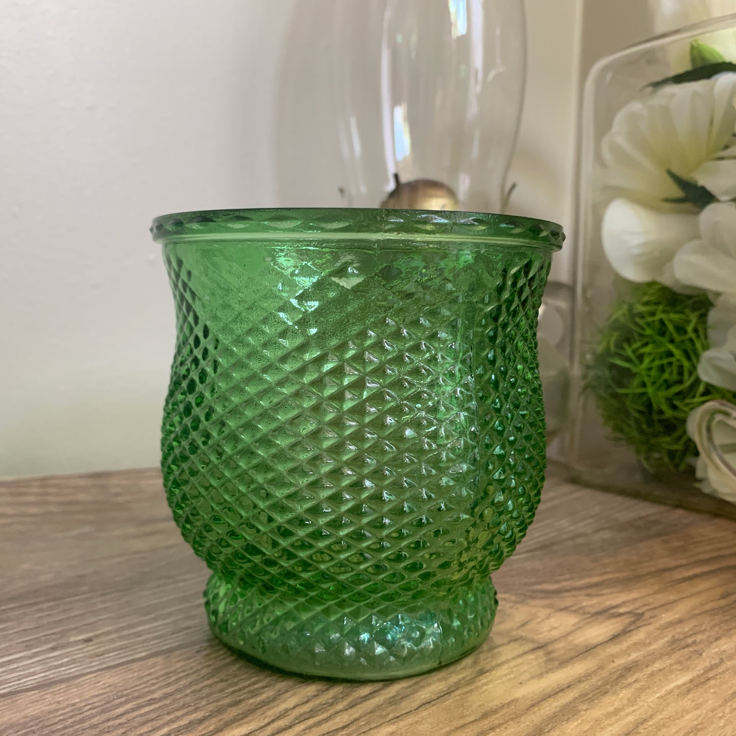 Small Green Vase with Diamond Pattern, Vintage Green Glass E O Brody Vase