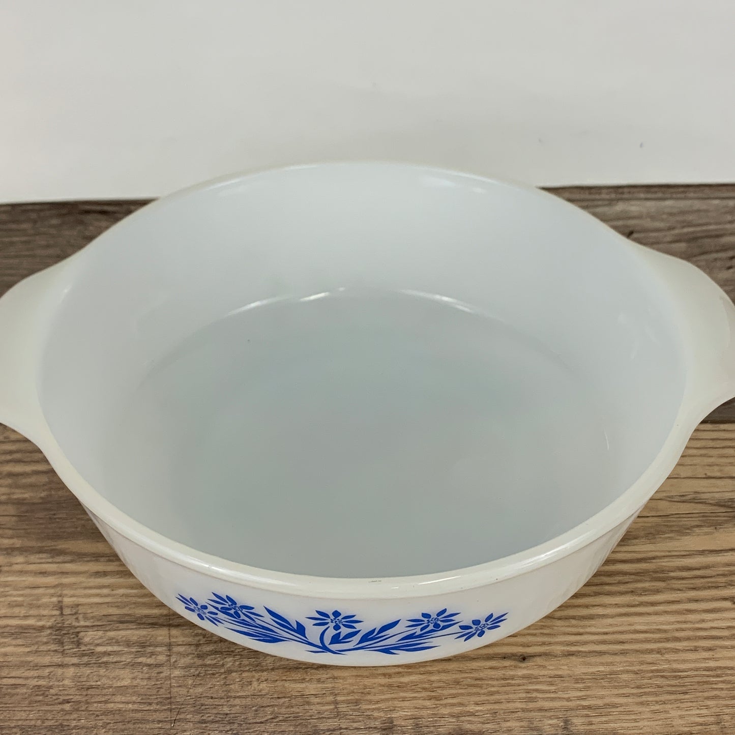 Milk Glass Casserole Dish with Blue Cornflower, Vintage Anchor Hocking FireKing