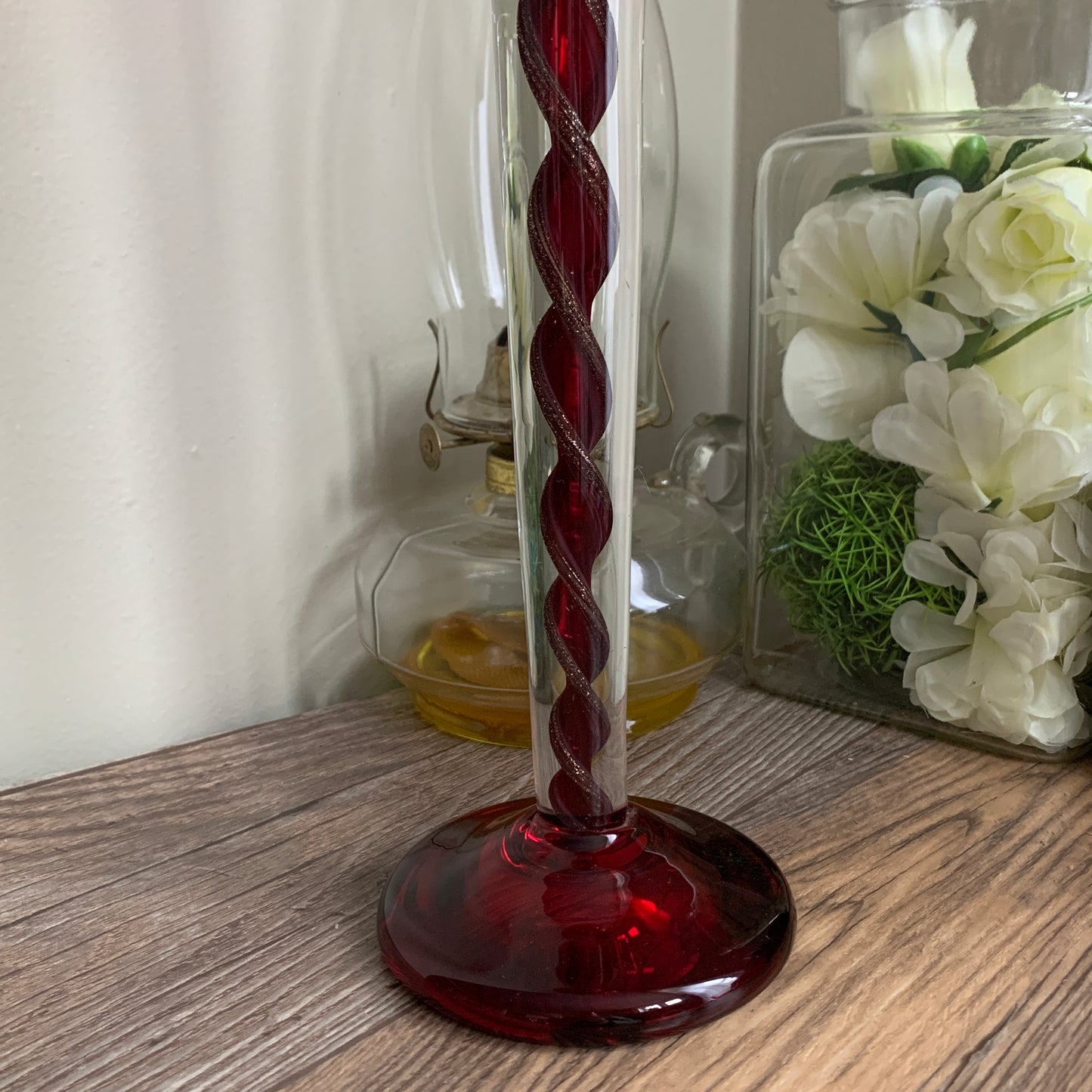 Red Art Glass Tall Display Piece with Red and Gold Twisted Stem