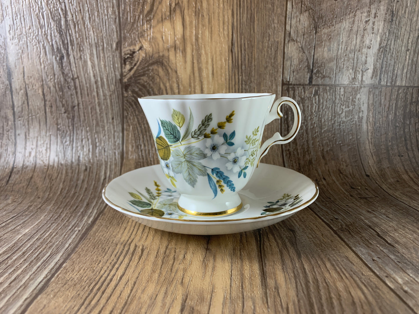 Vintage Teacup Royal Grafton Blue Grey and Yellow Floral Teacup and Saucer