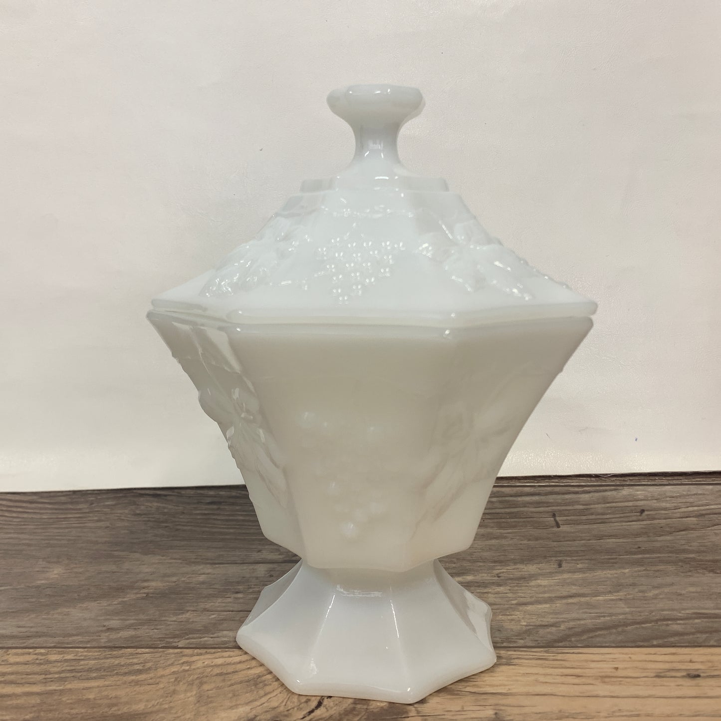 Milk Glass Candy Dish with Lid, Octagon Shaped Candy Dish with Grapevine Pattern
