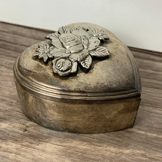 Small Silver Plated Heart Shaped Jewelry Box with 3D Flower