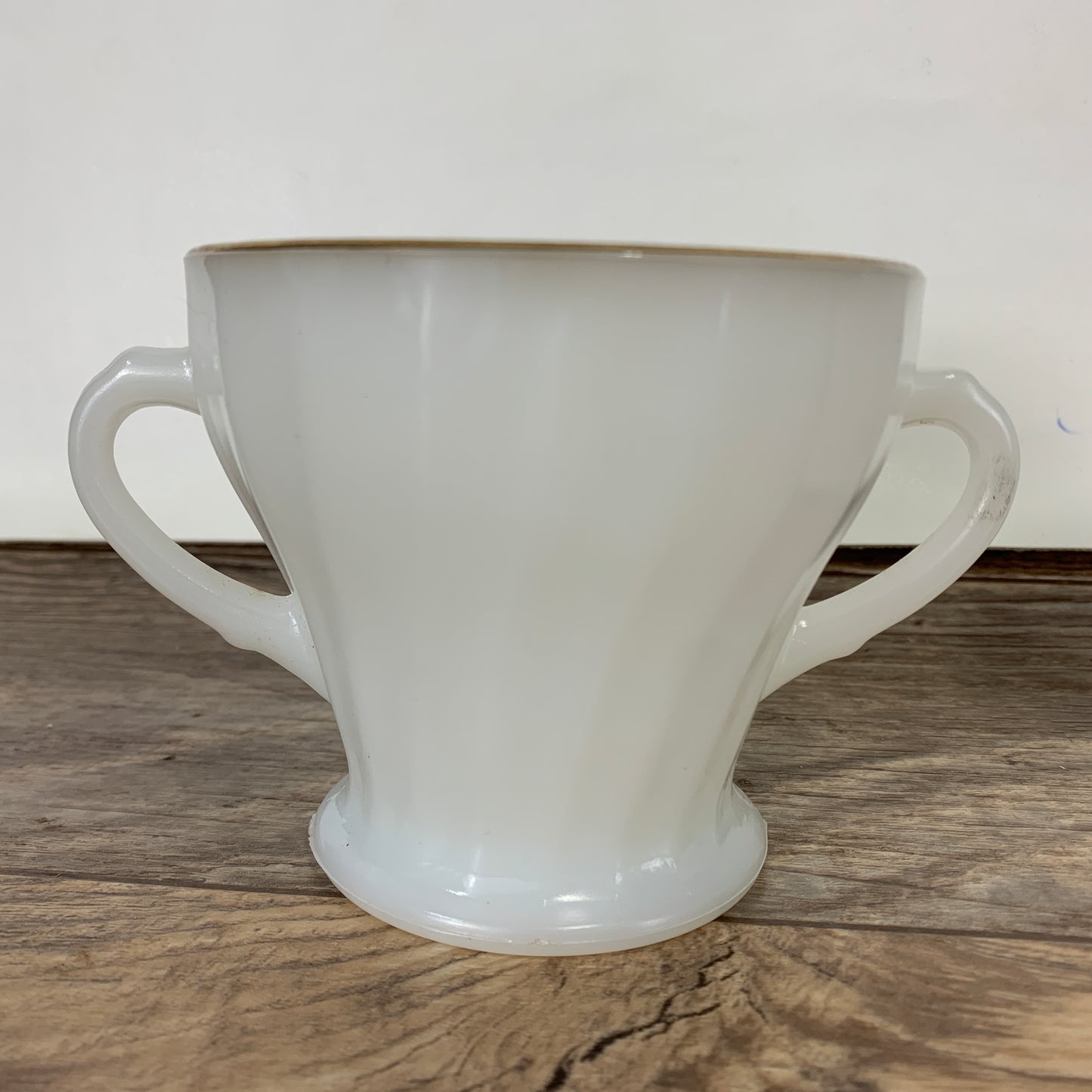 Anchor Hocking Milk Glass Creamer and Sugar, Swirled Milk Glass with Gold Trim