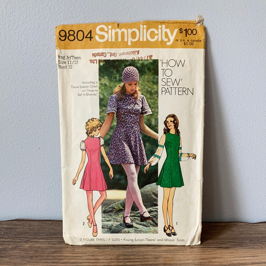Juniors Teen Above Knee Dress with Short or Long Sleeves Vintage Sewing Pattern Size 11 to 12 Simplicity 9804