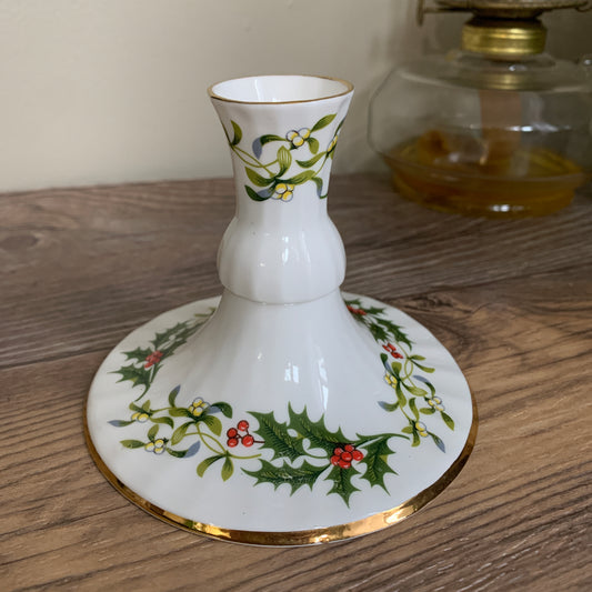 Vintage Christmas Candlestick White with Holly China Candlestick Holder