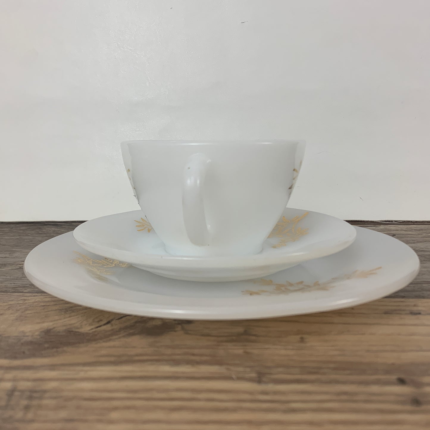 Vintage Federal Glass Golden Glory Milk Glass Teacup, Saucer, and Snack Plate, 3 piece Trio