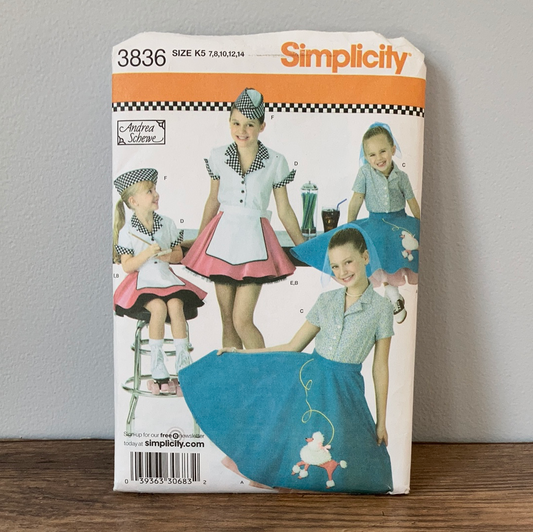 Girls Sock Hop 1950s Style Poodle Skirt and Blouse Sewing Pattern Size 7 to 14 Simplicity 3836