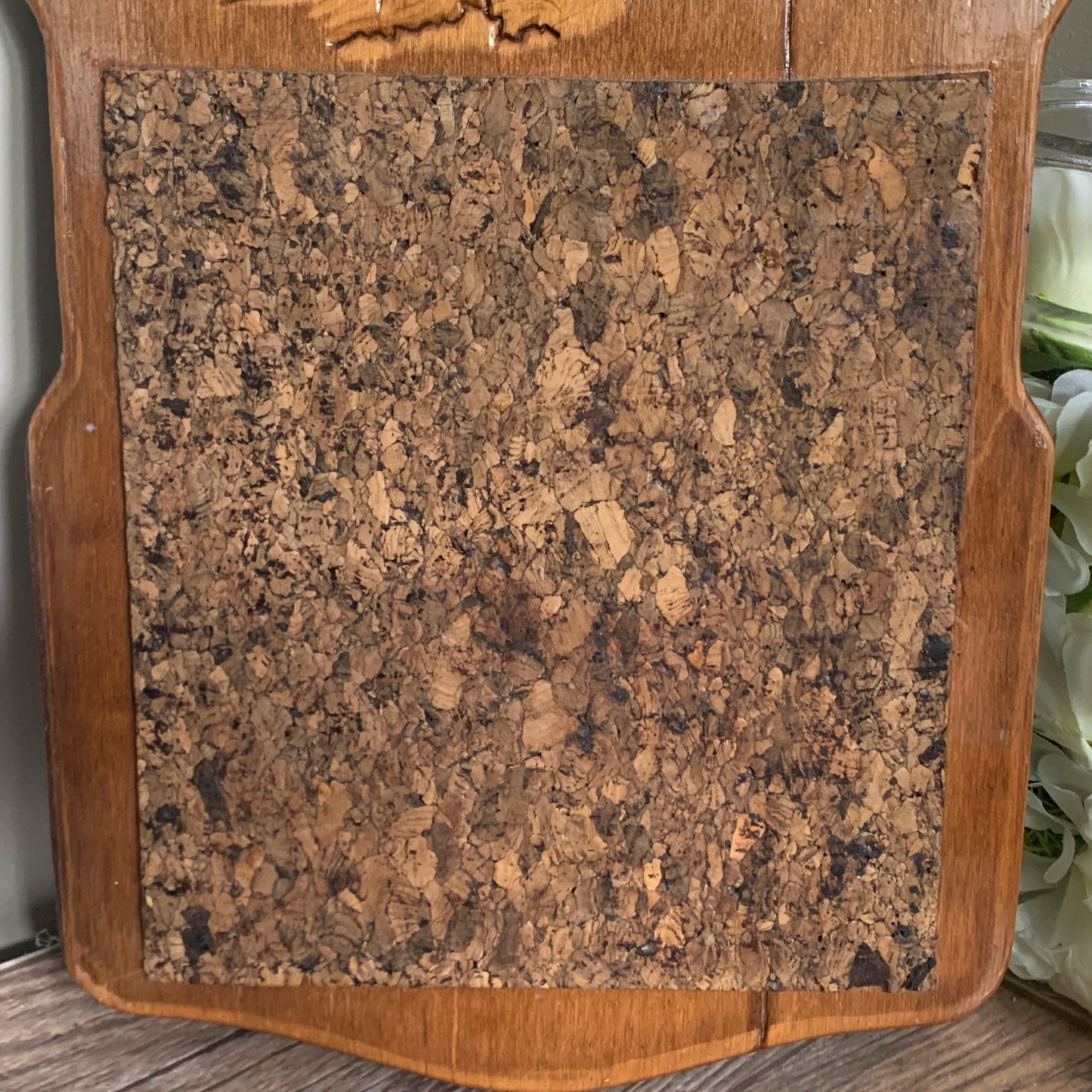 Wooden Cork Board, Wooden Bulletin Board with Carved Countryside Scene