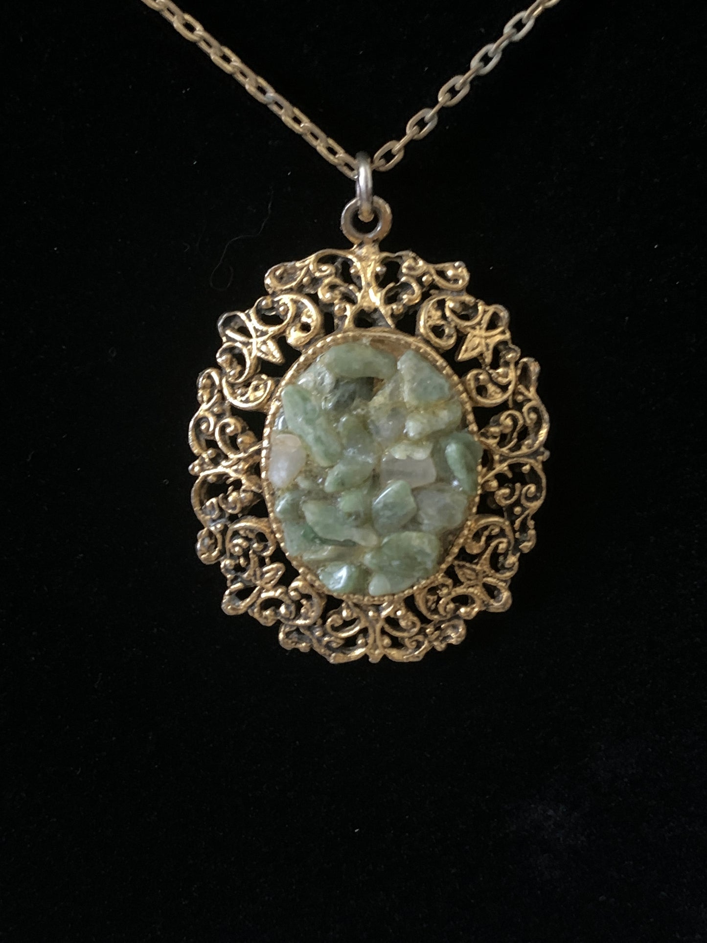 Jade Chip Necklace Large Green and Gold Pendant