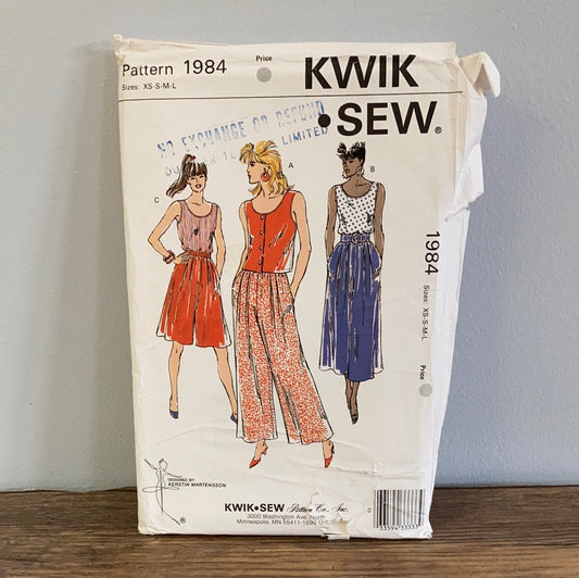 Misses Wide Leg Pants and Sleeveless Top Vintage Sewing Pattern Size XS to L Kwik Sew 1984