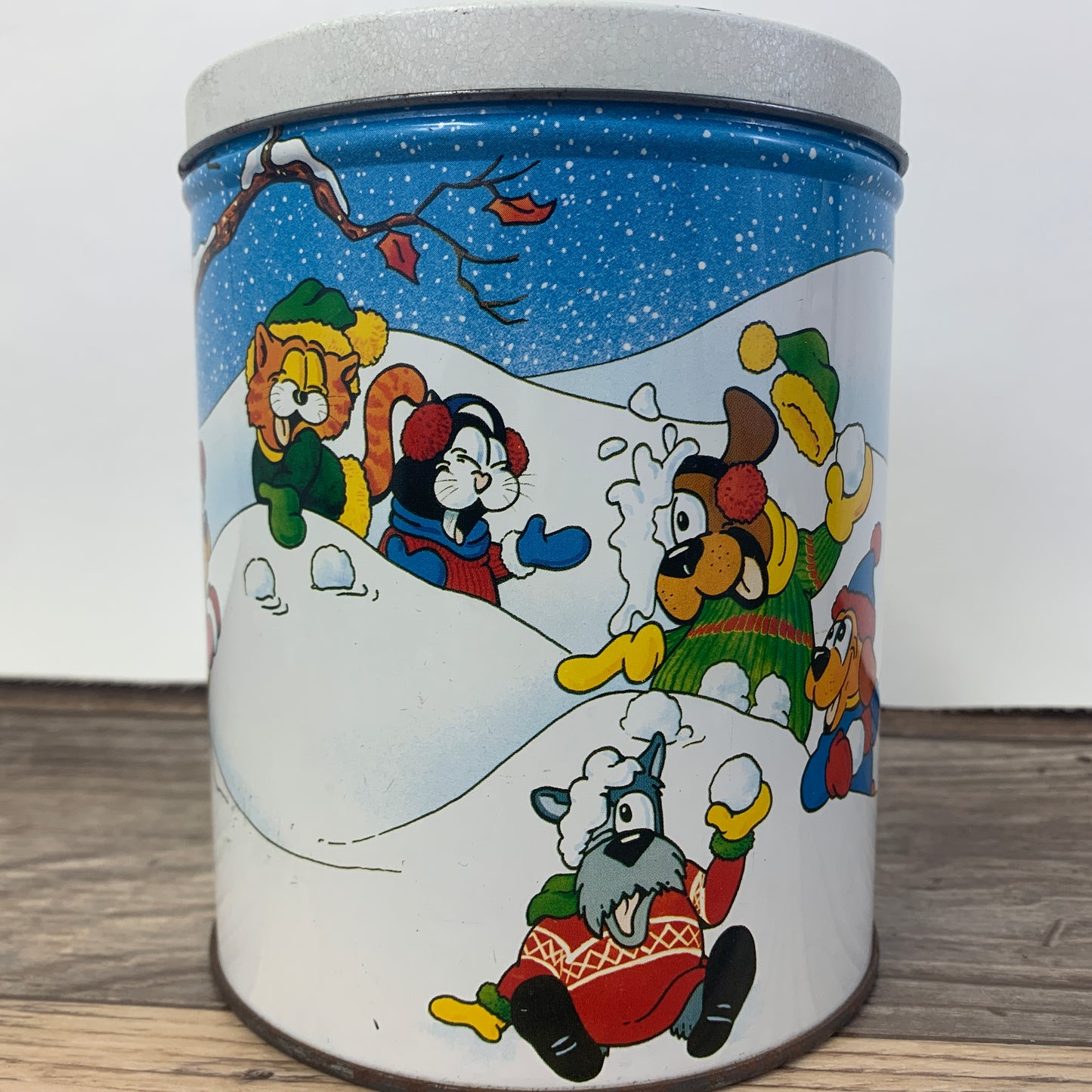 Vintage Christmas Tin with Cartoon Animals Playing in the Snow