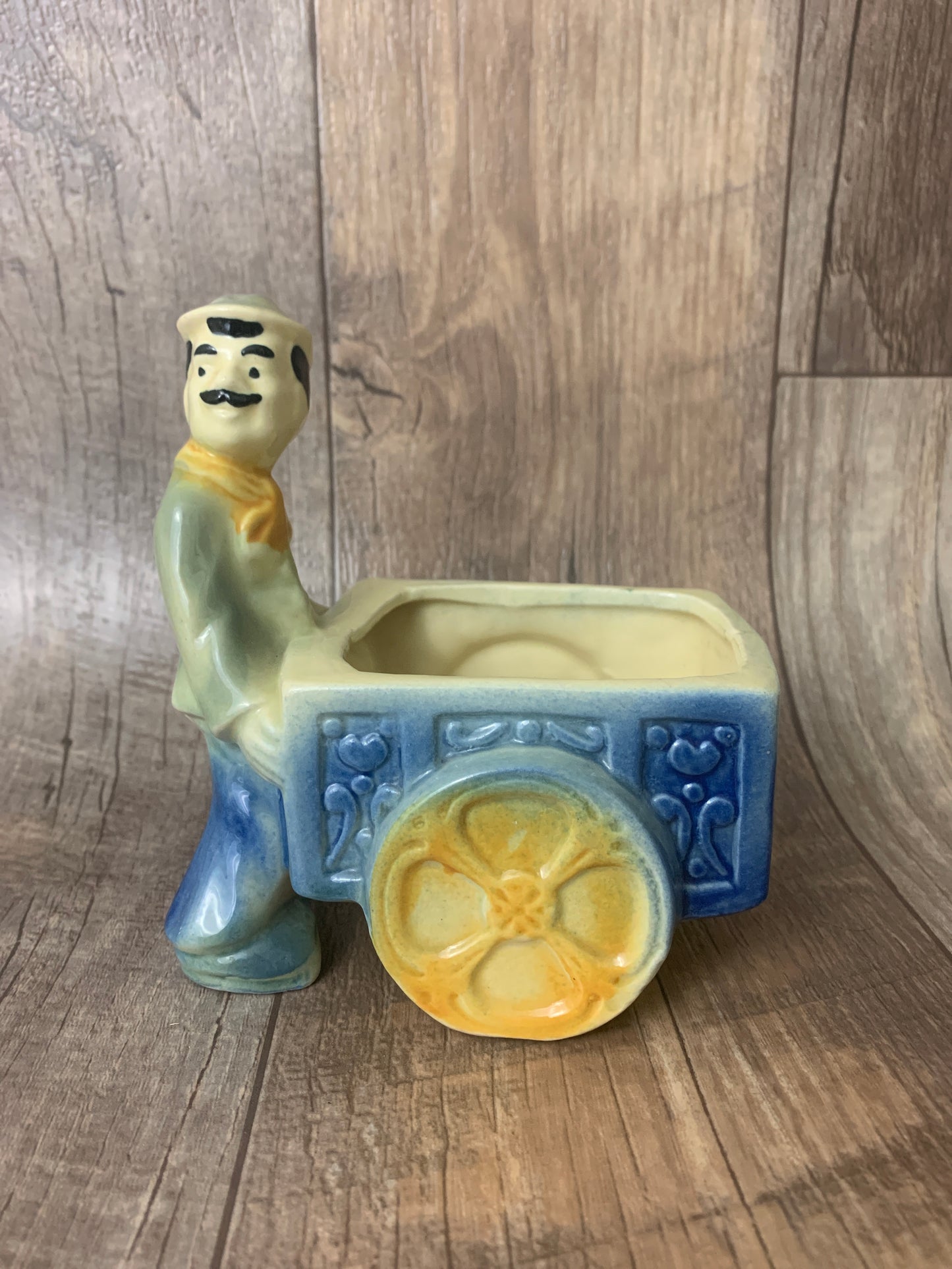 Vintage Ceramic Planter Man with a Flower Cart Blue and Yellow Vintage Home Decor