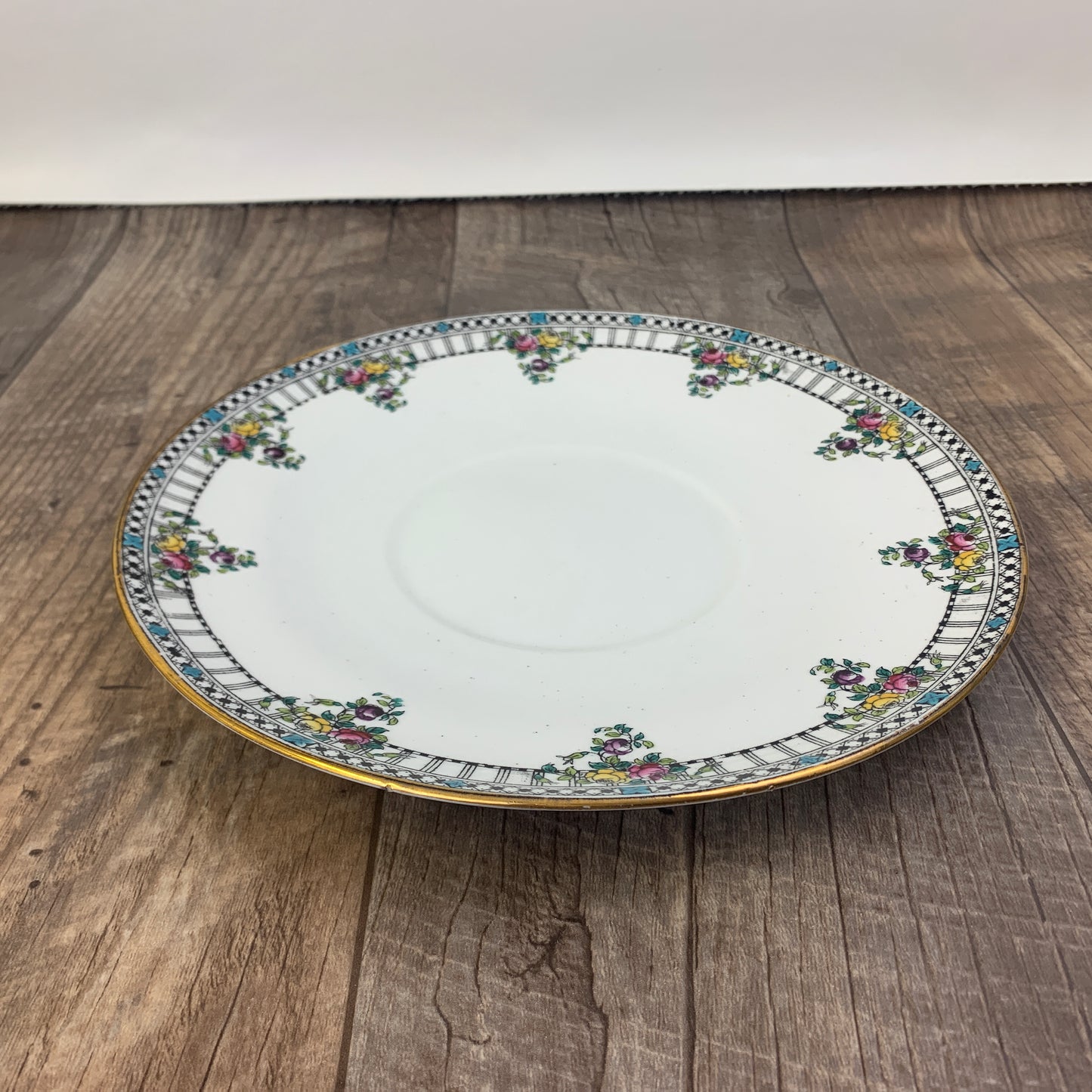 Antique Porcelain Plate with Black Border and Hand Painted Flowers Wildblood, Heath & Sons