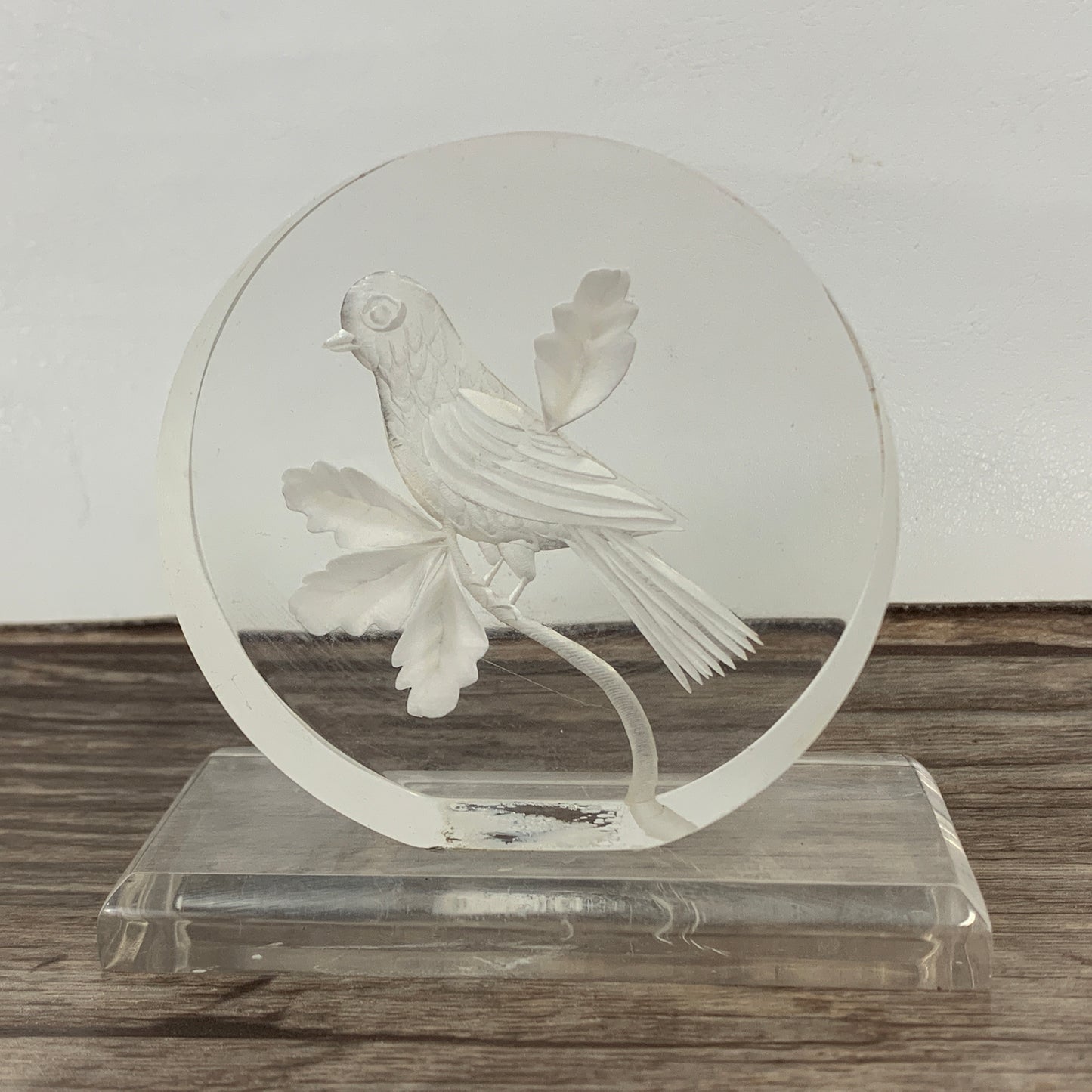 Small Lucite Desk Decor with Etched Bird