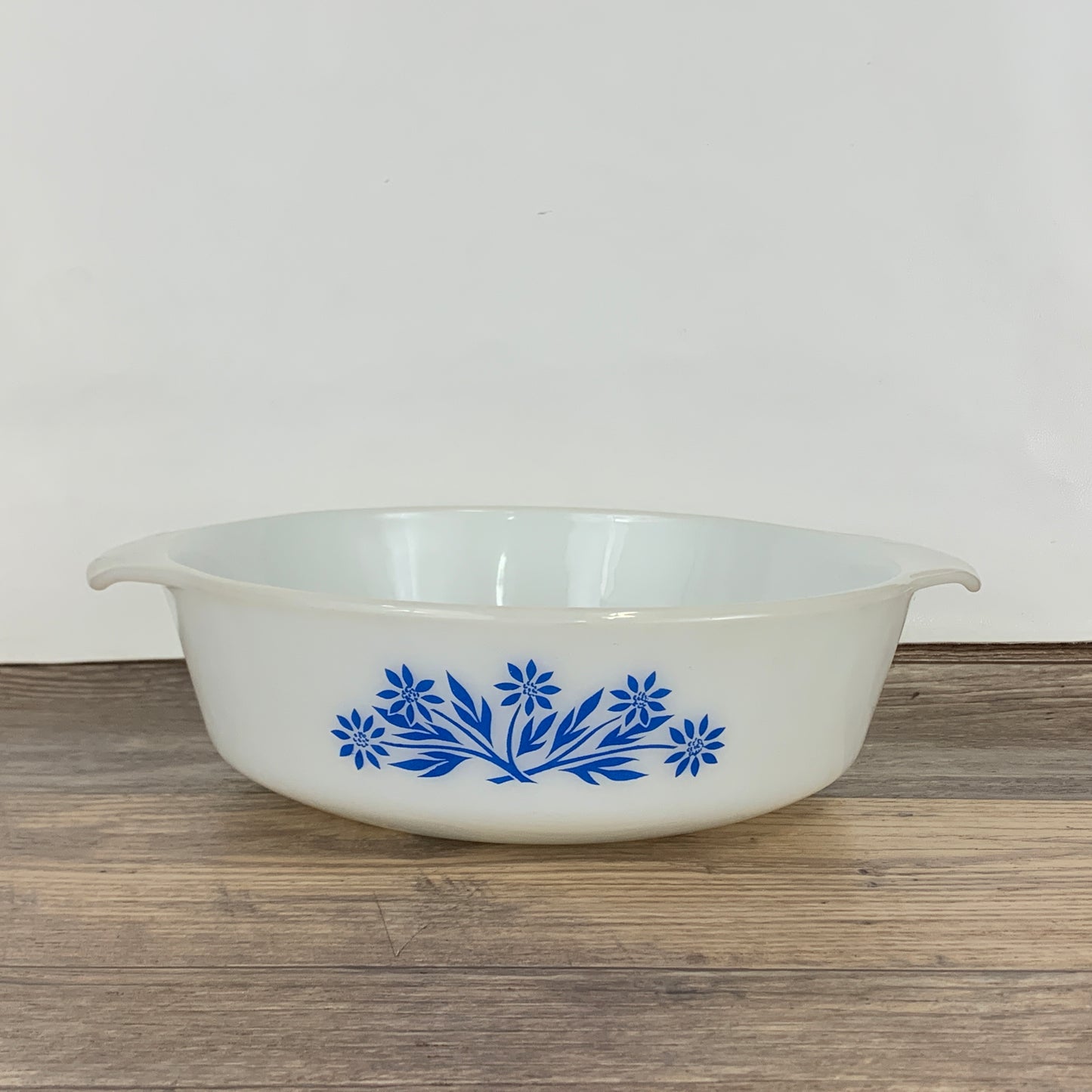 Milk Glass Casserole Dish with Blue Cornflower, Vintage Anchor Hocking FireKing